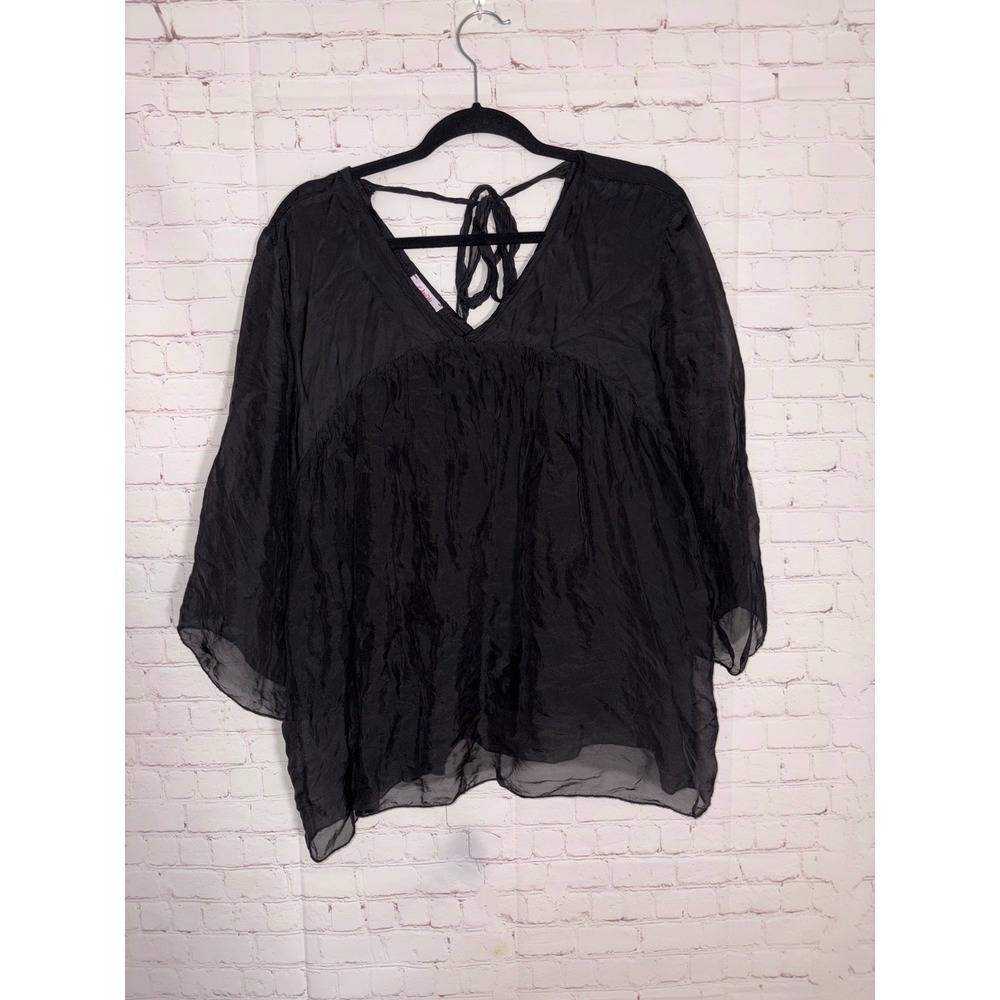 Scandal Italy Black Silk Blend Crinkled Sheer V-Neck Tie Back Whimsigoth Top L
